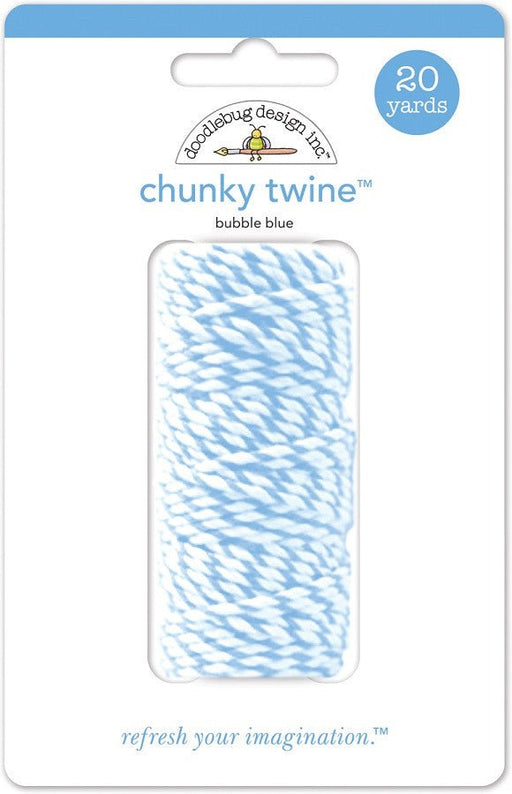 Package of Doodlebug Design Inc. chunky twine in bubble blue color, 20 yards long, featuring a thick light blue and white twisted design.