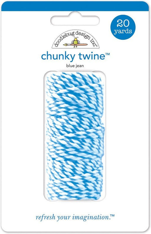 Package of Doodlebug Design Inc. chunky twine in blue jean color, 20 yards long, featuring a thick blue and white twisted design.