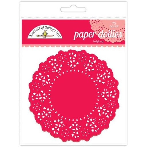 Package of Doodlebug Design Inc. paper doilies in the 'ladybug' color, featuring 75 round red doilies with intricate cut-out patterns.