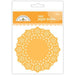 Package of Doodlebug Design Inc. paper doilies in the 'tangerine' color, featuring 75 round orange doilies with intricate cut-out patterns.