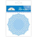 Package of Doodlebug Design Inc. paper doilies in the 'blue jeans' color, featuring 75 round blue doilies with intricate cut-out patterns.