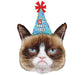 Foil balloon shaped like Grumpy Cat's face, wearing a blue party hat with red trim and the text 'THIS IS MY PARTY FACE' printed on the hat.