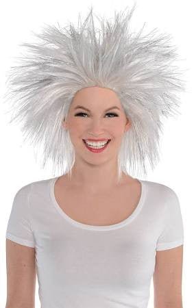 White spiky wig styled to stand straight out in all directions, worn by a smiling person in a plain white shirt.