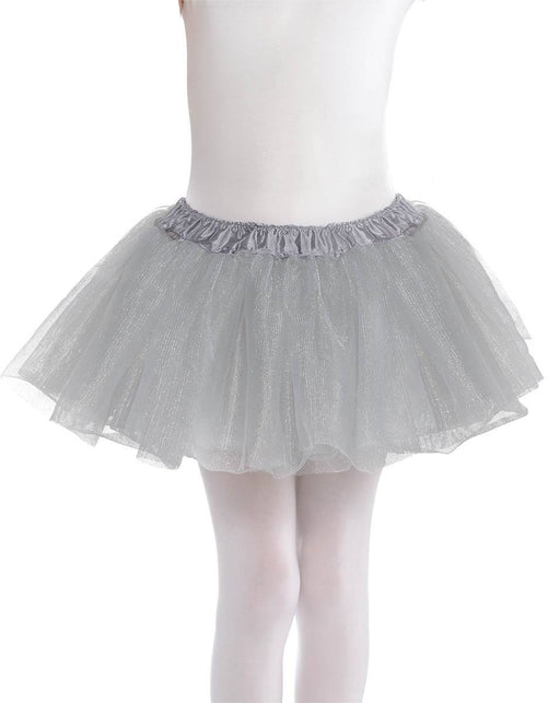 A silver tutu skirt made of layers of sheer tulle fabric, designed for a child, with an elastic waistband for a comfortable fit.