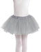 A silver tutu skirt made of layers of sheer tulle fabric, designed for a child, with an elastic waistband for a comfortable fit.