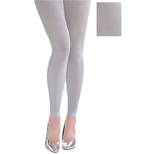Shiny silver leggings with a subtle glitter finish, paired with metallic silver high heels.