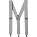Silver suspenders with metal clips, displayed against a white background.