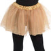 Gold tutu skirt with a shiny satin waistband, worn over black leggings.
