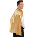 Gold satin cape worn by a smiling man, draped over his back.