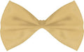 Large gold satin bow tie with a smooth texture, neatly pinched at the center to create two symmetrical loops.