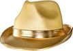 Gold metallic fedora hat with a shiny matching band trim.