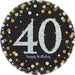 Black round plate with a large light blue glittery number '40' in the center, surrounded by gold, silver, and white confetti dots, with the words 'happy birthday' in lowercase script below the number.