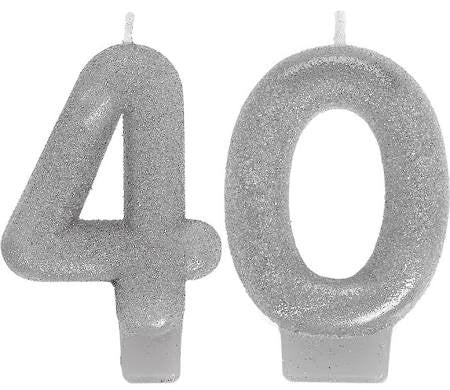 Two silver glitter number candles forming the number 40, each with a small wick at the top.