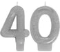 Two silver glitter number candles forming the number 40, each with a small wick at the top.