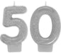 Two silver glitter number candles forming the number 50, each with a small wick at the top.