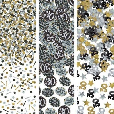 Confetti mix in gold, black, silver, and white featuring assorted shapes including circles, stars, and the number 30.