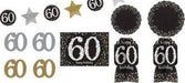 Black, gold, and silver 60th birthday decoration kit with assorted paper cutouts, banners, and table centerpieces featuring the number 60 and 'happy birthday' text in a glittery design.