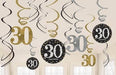 Black, gold, and silver hanging swirl decorations with large '30' cutouts and circular black cutouts featuring '30 happy birthday' in glittery white surrounded by gold and silver dots.