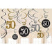 Black, gold, and silver hanging swirl decorations with large '50' cutouts and circular black cutouts featuring '50 happy birthday' in glittery white surrounded by gold and silver dots.