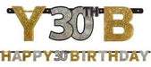 Glittery black, gold, and silver 'Happy 30th Birthday' banner with large sparkling letters and numbers, designed for milestone birthday party decoration.