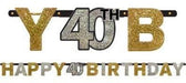 Glittery black, gold, and silver 'Happy 40th Birthday' banner with large sparkling letters and numbers, designed for milestone birthday party decoration.