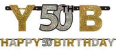 Glittery black, gold, and silver 'Happy 50th Birthday' banner with large sparkling letters and numbers, designed for milestone birthday party decoration.