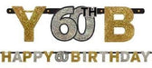 Glittery black, gold, and silver 'Happy 60th Birthday' banner with large sparkling letters and numbers, designed for milestone birthday party decoration.