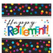 Black napkin banner with colorful polka dots at the top and bottom, and the words 'Happy Retirement!' in the center in multicolored letters on a white background, accented with small stars.
