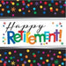 Square paper napkin with a white center that has the phrase ‘Happy Retirement!’ in colorful, playful block letters and black cursive, surrounded by small multicolor stars. The top and bottom borders are black with scattered multicolor confetti dots.