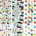 Confetti assortment with a retirement theme, including multicolored dots, star-shaped cutouts in red, blue, silver, and lime green, and various pieces printed with 'Happy Retirement' and 'Officially Retired' in colorful text on black backgrounds.