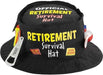 Black bucket hat with the words 'Official Retirement Survival Hat' printed in bold white, yellow, and red letters, decorated with humorous mini signs, a plastic bottle opener, and novelty accessories attached to the sides.