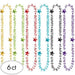 Six metallic beaded necklaces in assorted colors, each featuring repeating 'Happy Retirement' text and star-shaped beads, packaged as a 6-count set.