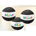 Three round paper lanterns with a black top and bottom, decorated with multicolored confetti dots, and a white center band displaying the words 'Happy Retirement!' and 'Officially Retired' in colorful, playful letters.