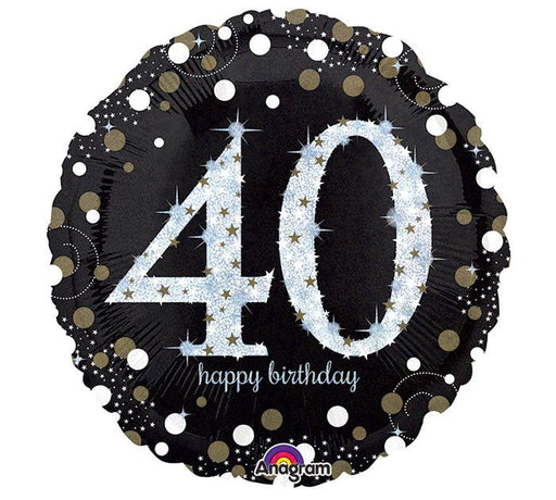 Round black foil balloon with large silver glitter-effect number '40' in the center, surrounded by gold and silver confetti dots, and the words 'happy birthday' in small white script below.