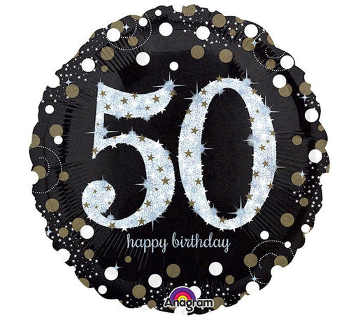 Round black balloon with large silver glitter number '50,' gold dots, and 'happy birthday' text in cursive at the bottom.