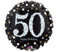 Round black balloon with large silver glitter number '50,' gold dots, and 'happy birthday' text in cursive at the bottom.