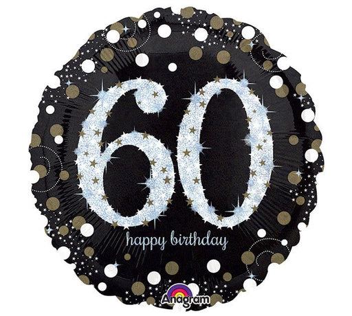 Round black balloon with large silver glitter number '60,' gold dots, and 'happy birthday' text in cursive at the bottom.