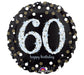 Round black balloon with large silver glitter number '60,' gold dots, and 'happy birthday' text in cursive at the bottom.