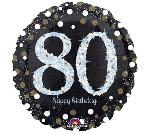 Round black balloon with large silver glitter number '80,' gold dots, and 'happy birthday' text in cursive at the bottom.