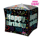 Black cube-shaped balloon with colorful confetti patterns and the text 'Happy Birthday TO YOU!' in large green and blue letters on multiple sides.