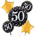 Arrangement of gold star-shaped balloons and black round balloons with white '50 happy birthday' text, decorated with white and gold dots.
