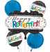 Set of colorful foil balloons with a 'Happy Retirement!' message in multicolored letters, polka dot accents, and matching blue round balloons.