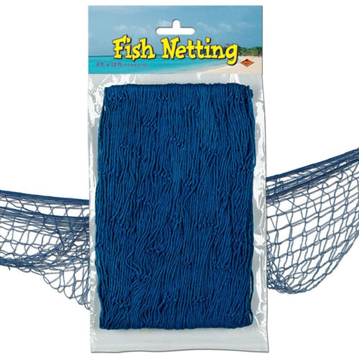 Blue fish netting in retail packaging labeled Fish Netting, displayed against a background image of a sandy beach and ocean, with sections of the netting shown behind the packaging.