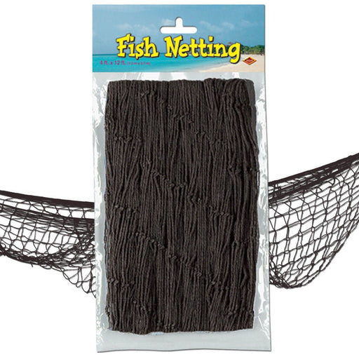 Black fish netting in retail packaging labeled Fish Netting, displayed against a background image of a sandy beach and ocean, with sections of the netting shown behind the packaging.