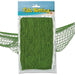 Green fish netting in retail packaging labeled Fish Netting, displayed against a background image of a sandy beach and ocean, with sections of the netting shown behind the packaging.
