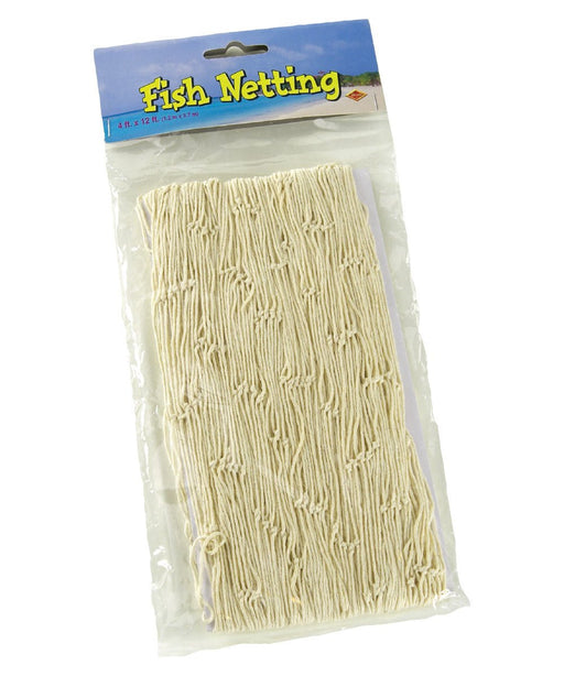 White fish netting in retail packaging labeled Fish Netting, displayed against a background image of a sandy beach and ocean, with sections of the netting shown behind the packaging.