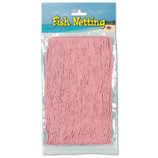Pink fish netting in retail packaging labeled Fish Netting, displayed against a background image of a sandy beach and ocean, with sections of the netting shown behind the packaging.