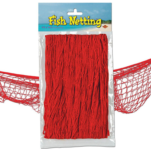Red fish netting in retail packaging labeled Fish Netting, displayed against a background image of a sandy beach and ocean, with sections of the netting shown behind the packaging.