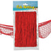Red fish netting in retail packaging labeled Fish Netting, displayed against a background image of a sandy beach and ocean, with sections of the netting shown behind the packaging.