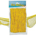 Yellow fish netting in retail packaging labeled Fish Netting, displayed against a background image of a sandy beach and ocean, with sections of the netting shown behind the packaging.